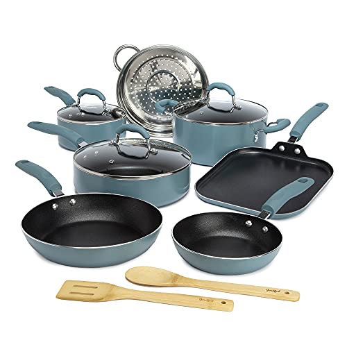 Goodful Cookware Set with Premium Non-Stick Coating, Dishwasher Safe Pots and Pans, Tempered Glass Steam Vented Lids, Stainless Steel Steamer, and Bamboo Cooking Utensils Set, 12-Piece, Turquoise Goodful Cookware Set with Premium Non-Stick Coating, Dishwasher Safe Pots and Pans, Tempered Glass Steam Vented Lids, Stainless Steel Steamer, and Bamboo Cooking Utensils Set, 12-Piece, Turquoise