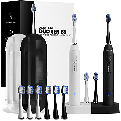 Aquasonic Duo - Dual Handle Ultra Whitening 40,000 VPM Wireless Charging Electric ToothBrushes - 3 Modes with Smart Timers - 10 Dupont Brush Heads & 2 Travel Cases Included Aquasonic Duo - Dual Handle Ultra Whitening 40,000 VPM Wireless Charging Electric ToothBrushes - 3 Modes with Smart Timers - 10 Dupont Brush Heads & 2 Travel Cases Included