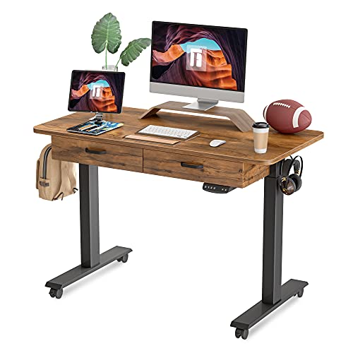 FEZIBO Standing Desk with Double Drawer, 48x 24 Inches Adjustable Height Electric Stand up Desk, Ergonomic Workstation Black Frame/Fir Brown Top FEZIBO Standing Desk with Double Drawer, 48x 24 Inches Adjustable Height Electric Stand up Desk, Ergonomic Workstation Black Frame/Fir Brown Top