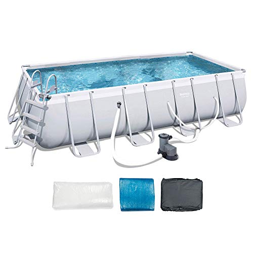 Bestway 56536E-BW Power Steel 18ft x 9ft x 48in Outdoor Rectangular Frame Above Ground Swimming Pool with Ladder, Pool Cover, and Filter Pump, Gray Bestway 56536E-BW Power Steel 18ft x 9ft x 48in Outdoor Rectangular Frame Above Ground Swimming Pool with Ladder, Pool Cover, and Filter Pump, Gray