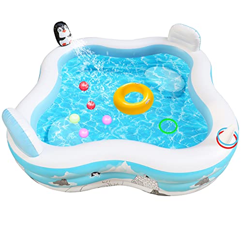 Inflatable Pool with Seats, Jhunswen 91" x 91"x 20" Above Ground Backyard Pool with Penguin Sprinkler Backrests Toss Rings, Water Play Center Park for Kids Adults Family Patio Garden Outside Inflatable Pool with Seats, Jhunswen 91" x 91"x 20" Above Ground Backyard Pool with Penguin Sprinkler Backrests Toss Rings, Water Play Center Park for Kids Adults Family Patio Garden Outside