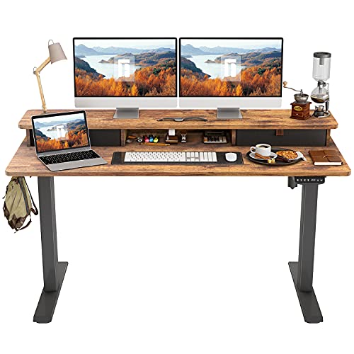 FEZIBO Height Adjustable Electric Standing Desk with Double Drawer, 55 x 24 Inch Stand Up Table with Storage Shelf, Sit Stand Desk with Splice Board, Black Frame/Rustic Brown Top FEZIBO Height Adjustable Electric Standing Desk with Double Drawer, 55 x 24 Inch Stand Up Table with Storage Shelf, Sit Stand Desk with Splice Board, Black Frame/Rustic Brown Top