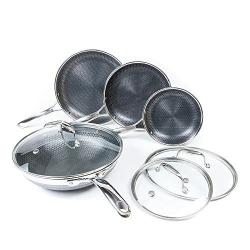 HexClad 7-Piece Hybrid Stainless Steel Cookware Set with Lids and Wok - Metal Utensil and Dishwasher Safe, Induction Ready, PFOA-Free, Easy to Clean Non Stick Fry Pan with Covers HexClad 7-Piece Hybrid Stainless Steel Cookware Set with Lids and Wok - Metal Utensil and Dishwasher Safe, Induction Ready, PFOA-Free, Easy to Clean Non Stick Fry Pan with Covers
