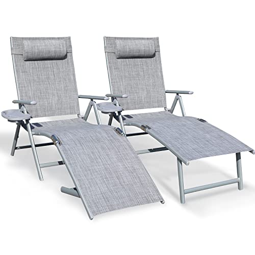 GOLDSUN Aluminum Outdoor Folding Lounge Chairs Adjustable Chaise Lounge Chair Set of 2 with Headrest and Tray for Patio Beach Porch Swimming Poolside (Set of Two, Grey) GOLDSUN Aluminum Outdoor Folding Lounge Chairs Adjustable Chaise Lounge Chair Set of 2 with Headrest and Tray for Patio Beach Porch Swimming Poolside (Set of Two, Grey)