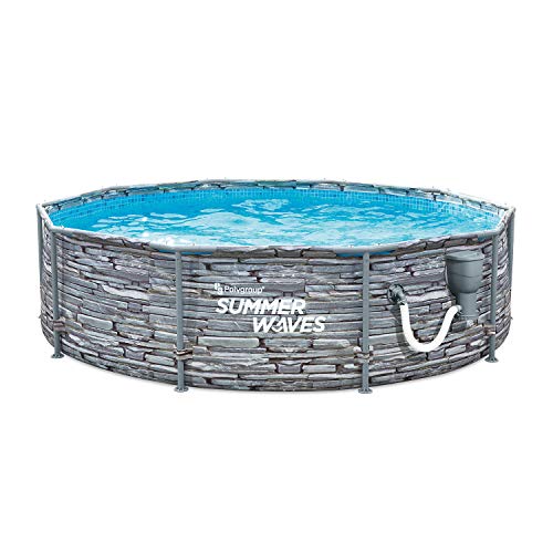 Summer Waves Active 12 Foot x 33 Inch Stone Slate Print Metal Frame Outdoor Backyard Above Ground Swimming Pool Set with Filter Pump, Type D Cartridge, and Repair Patch Summer Waves Active 12 Foot x 33 Inch Stone Slate Print Metal Frame Outdoor Backyard Above Ground Swimming Pool Set with Filter Pump, Type D Cartridge, and Repair Patch