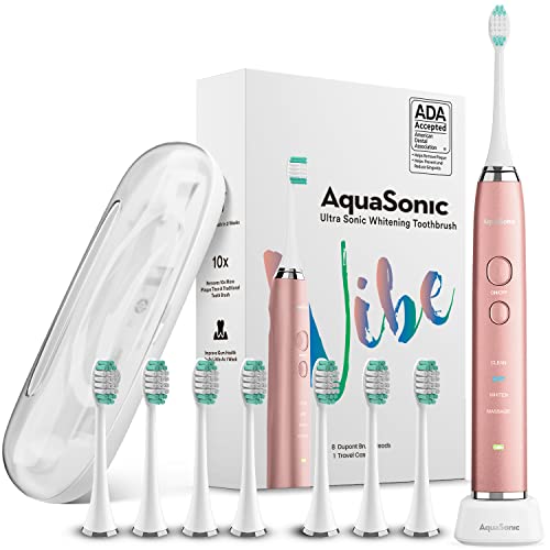 Aquasonic Vibe Series Ultra Whitening Toothbrush – ADA Accepted Power Toothbrush - 8 Brush Heads & Travel Case – 40,000 VPM Motor & Wireless Charging - 4 Modes w Smart Timer – Satin Rose Gold Aquasonic Vibe Series Ultra Whitening Toothbrush – ADA Accepted Power Toothbrush - 8 Brush Heads & Travel Case – 40,000 VPM Motor & Wireless Charging - 4 Modes w Smart Timer – Satin Rose Gold