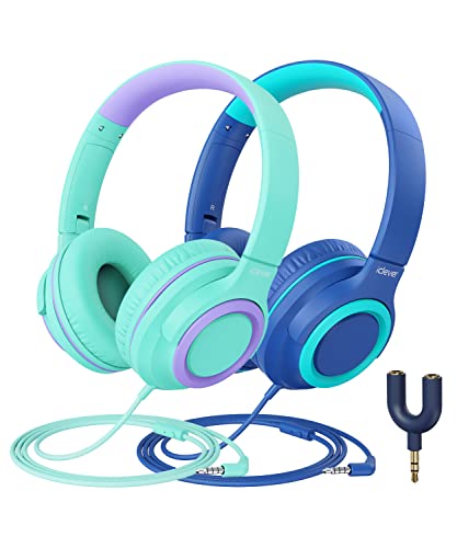 [2 Pack] iClever HS22 Kids Headphones with Microphone - 94dB Safe Volume Limited - Wired Headphones for Kids Teens with Sharing Splitter, Tangle-Free Foldable Stereo Headset for School/Tablet/Travel