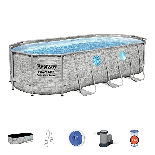 Bestway 56717E Power Steel Swim Vista 18' x 9' x 48" Outdoor Oval Above Ground Swimming Pool Set with 1500 GPH Filter Pump, and Ladder