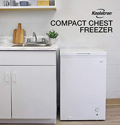 Koolatron Compact Chest Freezer, 3.5 cu ft (99L), White, Manual Defrost Deep Freeze, Storage Basket, Space-Saving Flat Back, Stay-Open Lid, Front-Access Defrost Drain, for Apartment, Condo, Cottage Koolatron Compact Chest Freezer, 3.5 cu ft (99L), White, Manual Defrost Deep Freeze, Storage Basket, Space-Saving Flat Back, Stay-Open Lid, Front-Access Defrost Drain, for Apartment, Condo, Cottage