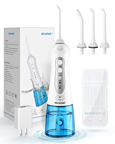 Cordless Water Flosser Teeth Cleaner, Nicefeel 300ML 2 Tip Cases Portable and USB Rechargeable Oral Irrigator for Travel, IPX7 Waterproof, 3-Mode Water Flossing with 4 Jet Tips for Home Cordless Water Flosser Teeth Cleaner, Nicefeel 300ML 2 Tip Cases Portable and USB Rechargeable Oral Irrigator for Travel, IPX7 Waterproof, 3-Mode Water Flossing with 4 Jet Tips for Home