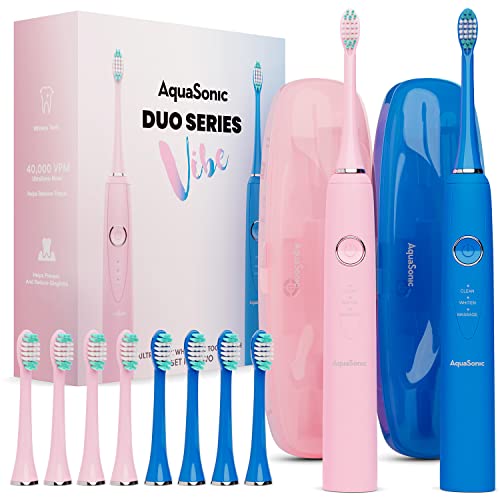 Aquasonic Vibe Duo - Dual Handle Ultra Whitening 40,000 VPM Fast Charging Electric ToothBrushes - 3 Modes with Smart Timers - 10 Dupont Brush Heads & 2 Travel Cases Included Aquasonic Vibe Duo - Dual Handle Ultra Whitening 40,000 VPM Fast Charging Electric ToothBrushes - 3 Modes with Smart Timers - 10 Dupont Brush Heads & 2 Travel Cases Included