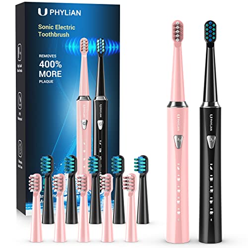 PHYLIAN Sonic Electric Toothbrush for Adults and Kids - High Power Rechargeable Toothbrushes, Electric Toothbrush 2 Piece Set with 3 Hours Fast Charge for 60 Days Black, Pink PHYLIAN Sonic Electric Toothbrush for Adults and Kids - High Power Rechargeable Toothbrushes, Electric Toothbrush 2 Piece Set with 3 Hours Fast Charge for 60 Days Black, Pink