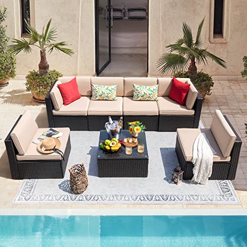 Devoko 7 Pieces Outdoor Sectional Sofa Patio Furniture Sets Manual Weaving Wicker Rattan Patio Conversation Sets with Cushion and Glass Table (Beige) Devoko 7 Pieces Outdoor Sectional Sofa Patio Furniture Sets Manual Weaving Wicker Rattan Patio Conversation Sets with Cushion and Glass Table (Beige)