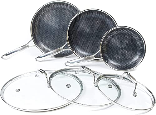 HexClad 6 Piece Hybrid Stainless Steel Cookware Pan Set with Lids - Metal Utensil and Dishwasher Safe, Induction Ready, PFOA-Free, Easy to Clean Non Stick Fry Pan with Covers HexClad 6 Piece Hybrid Stainless Steel Cookware Pan Set with Lids - Metal Utensil and Dishwasher Safe, Induction Ready, PFOA-Free, Easy to Clean Non Stick Fry Pan with Covers