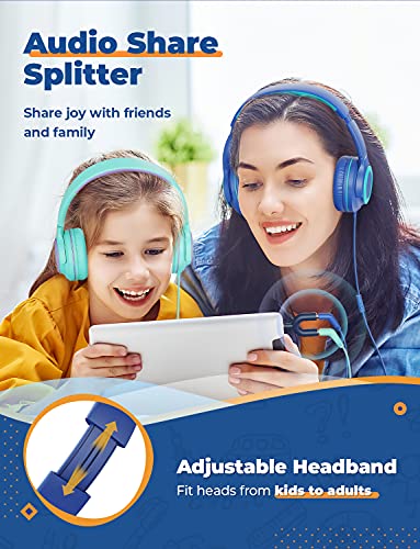 [2 Pack] iClever HS22 Kids Headphones with Microphone - 94dB Safe Volume Limited - Wired Headphones for Kids Teens with Sharing Splitter, Tangle-Free Foldable Stereo Headset for School/Tablet/Travel