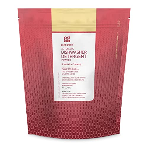 Grab Green Automatic Dishwashing Detergent Powder 3.17 lbs, 80 Loads, Grapefruit Cranberry Scent, Plant and Mineral Based, Superior Cleaning, Powerful Grease Removal, Brilliant Shine Grab Green Automatic Dishwashing Detergent Powder 3.17 lbs, 80 Loads, Grapefruit Cranberry Scent, Plant and Mineral Based, Superior Cleaning, Powerful Grease Removal, Brilliant Shine