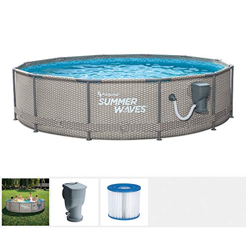 Summer Waves Active Metal Frame 12 Foot x 33 Inch Round Above Ground Swimming Pool Set with Filter Pump and Type D Filter Cartridge, Gray Rattan Summer Waves Active Metal Frame 12 Foot x 33 Inch Round Above Ground Swimming Pool Set with Filter Pump and Type D Filter Cartridge, Gray Rattan