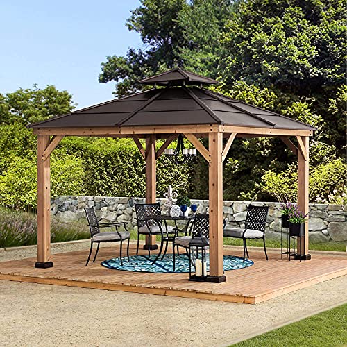 Sunjoy A102008500 Chapman 10x10 ft. Cedar Framed Gazebo with Steel 2-tier Hip Roof Hardtop, Brown Sunjoy A102008500 Chapman 10x10 ft. Cedar Framed Gazebo with Steel 2-tier Hip Roof Hardtop, Brown