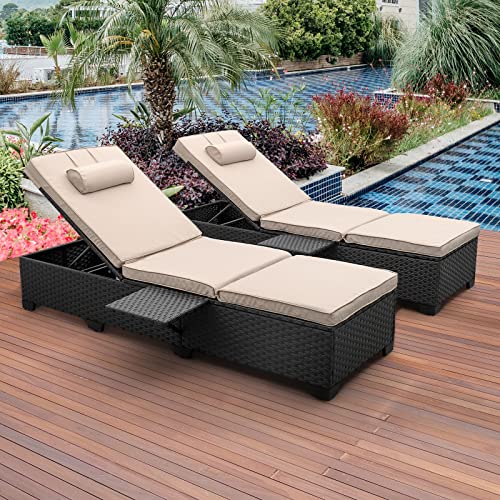 Outdoor PE Wicker Chaise Lounge - 2 Piece Patio Black Rattan Reclining Chair Furniture Set Beach Pool Adjustable Backrest Recliners with Khaki Cushions Outdoor PE Wicker Chaise Lounge - 2 Piece Patio Black Rattan Reclining Chair Furniture Set Beach Pool Adjustable Backrest Recliners with Khaki Cushions