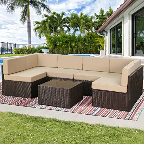 U-MAX 7 Piece Outdoor Patio Furniture Set, PE Rattan Wicker Sofa Set, Outdoor Sectional Furniture Chair Set with Khaki Cushions and Tea Table, Brown U-MAX 7 Piece Outdoor Patio Furniture Set, PE Rattan Wicker Sofa Set, Outdoor Sectional Furniture Chair Set with Khaki Cushions and Tea Table, Brown